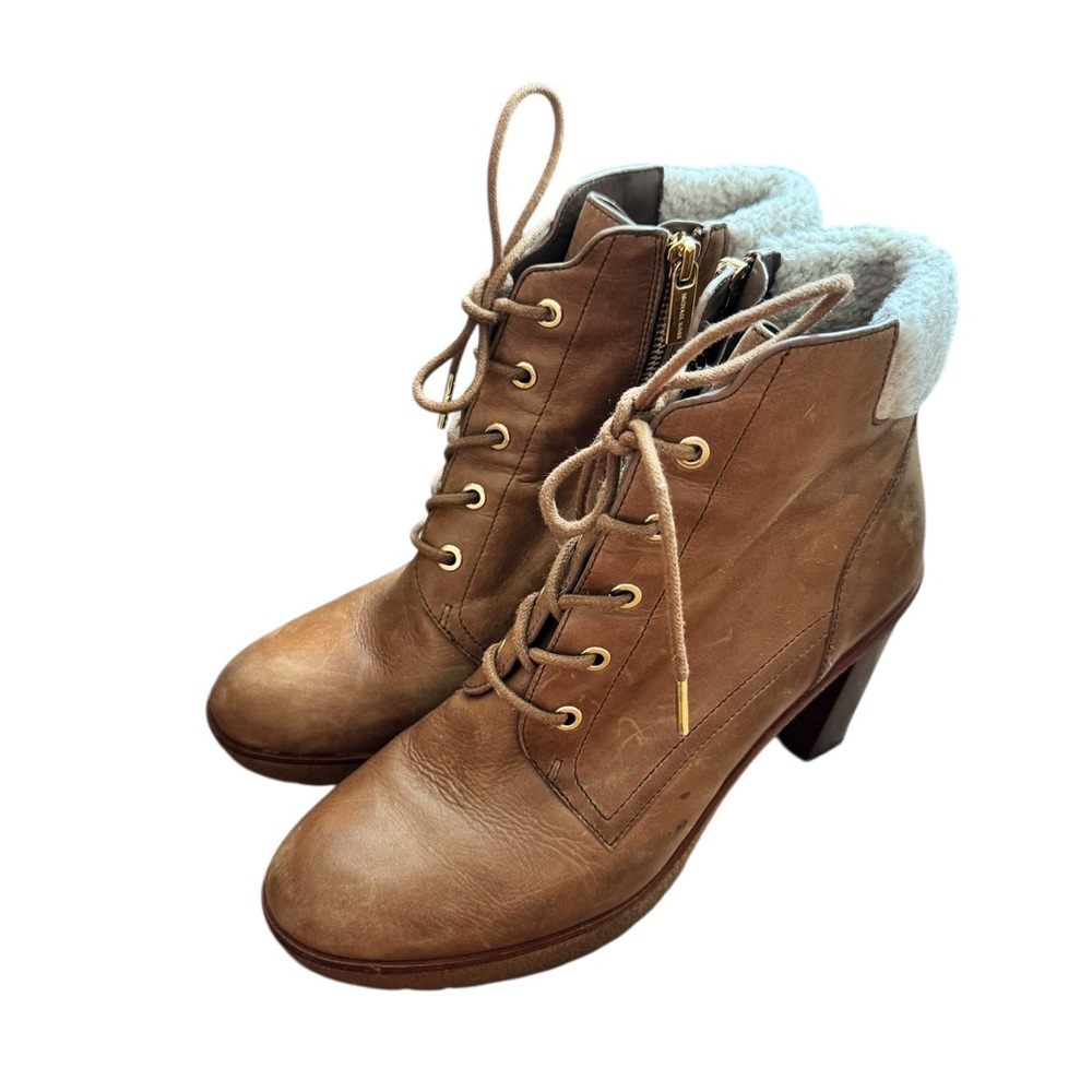 MICHAEL Michael Kors Tan Leather Lace-Up Block Heel Ankle Boots - Picture 3 of 12